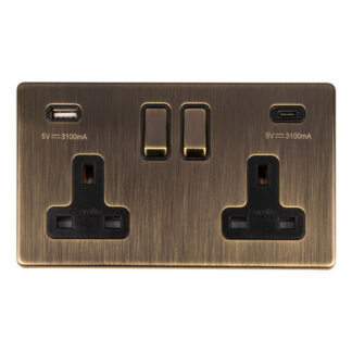 Eurolite AB2USBCB 2-Gang 13Amp Switched Socket with USB-C Ant Brass (LEAD TIME: 2-3 DAYS)