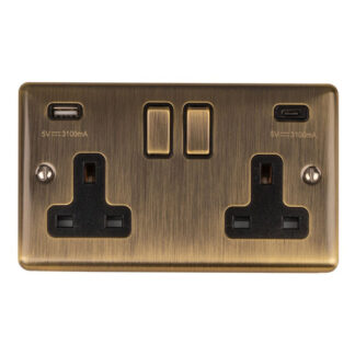 Eurolite EN2USBCABB 2-Gang 13Amp Switched Socket with USB-C - Antique Brass (LEAD TIME: 2-3 DAYS)