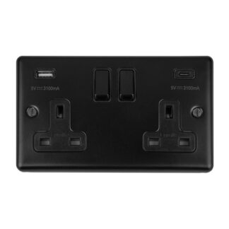 Eurolite EN2USBCMBB 2-Gang 13Amp Switched Socket with USB-C - Matt Black (LEAD TIME: 2-3 DAYS)