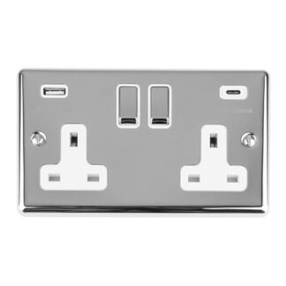 Eurolite EN2USBCPCW 2-Gang 13Amp Switched Socket with USB-C - Polished Chrome (LEAD TIME: 2-3 DAYS)