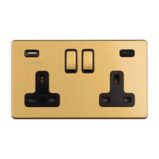 Eurolite ECSB2USBCB 2-Gang 13Amp Switched Socket with USB-C Satin Brass (LEAD TIME: 2-3 DAYS)